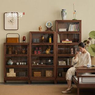洪林坊中式实木茶室茶具茶叶收纳柜玻璃门书柜储物手办展示收纳柜