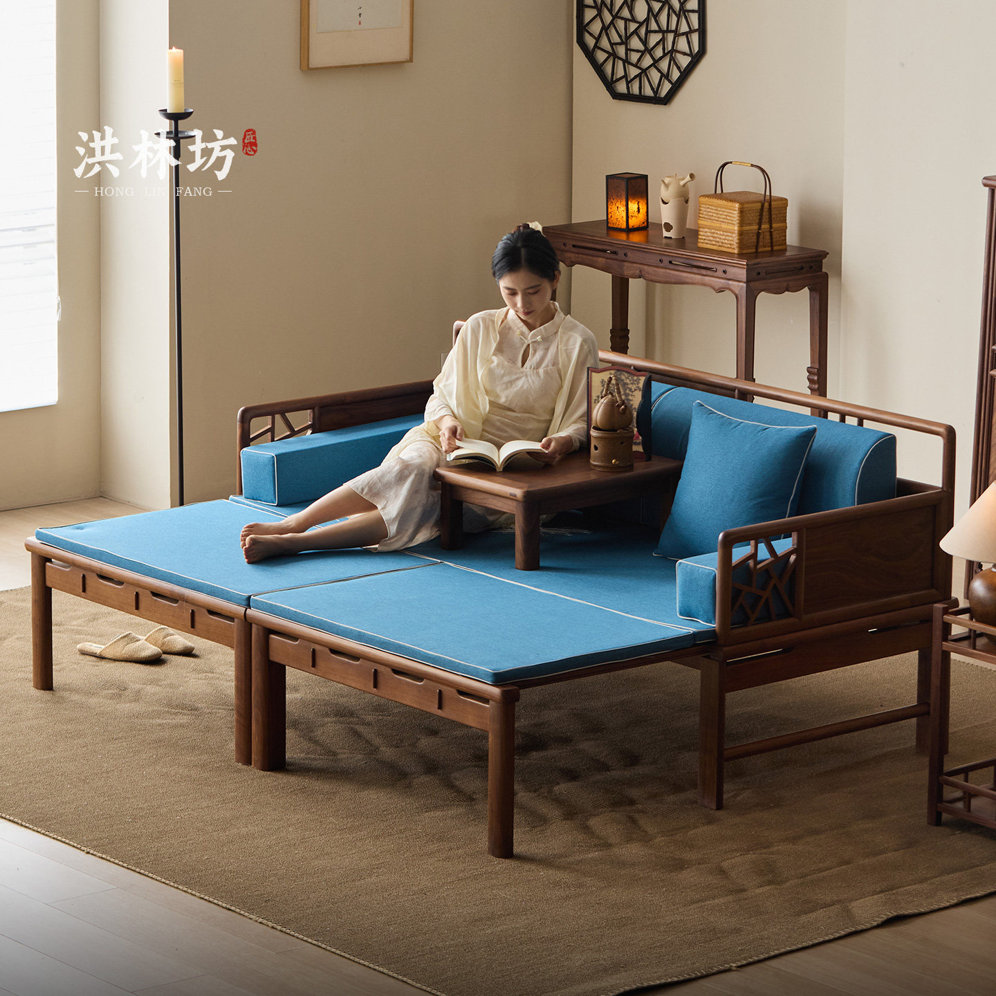洪林坊新中式推拉实木罗汉床茶桌椅组合北美黑胡桃木宋式美学禅意图片