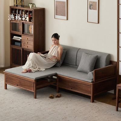 洪林坊罗汉床新中式实木推拉床黑胡桃木两用客厅小户型中式沙发床