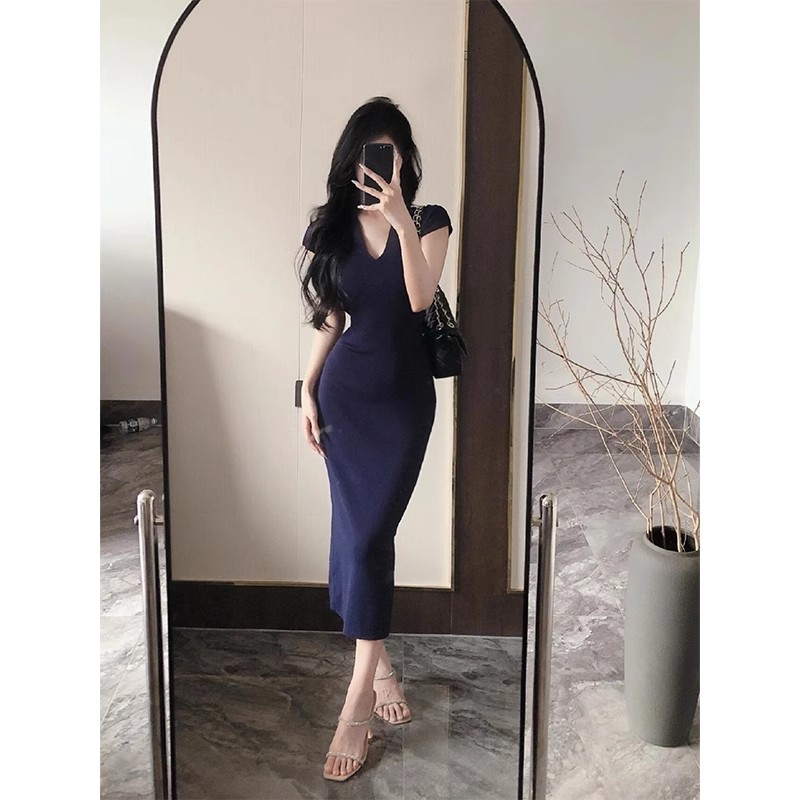 蓝色收腰V领小飞袖长裙女夏季辣妹性感包臀裙子小个子修身连衣裙