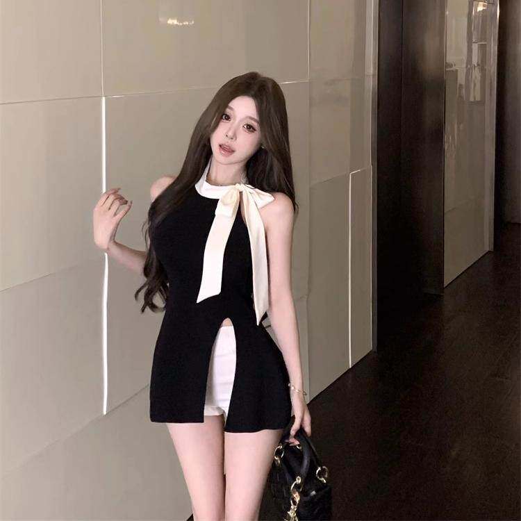 蝴蝶结露背挂脖针织小背心女夏季修身辣妹设计感外穿蓝色无袖上衣