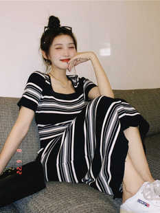 条纹短袖方领针织连衣裙女夏季慵懒风中长款打底裙子别致漂亮长裙