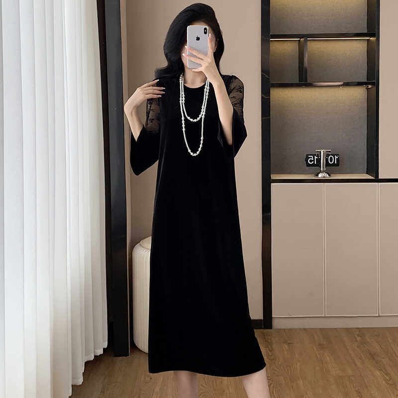 2024年秋冬打底内穿 丝绒连衣裙蕾丝拼接长款大码连衣裙女,女装/女士精品,连衣裙,淘宝优惠券,粉丝福利购,淘宝优惠卷