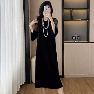 连衣裙女 大码 2024年秋冬打底内穿 丝绒连衣裙蕾丝拼接长款