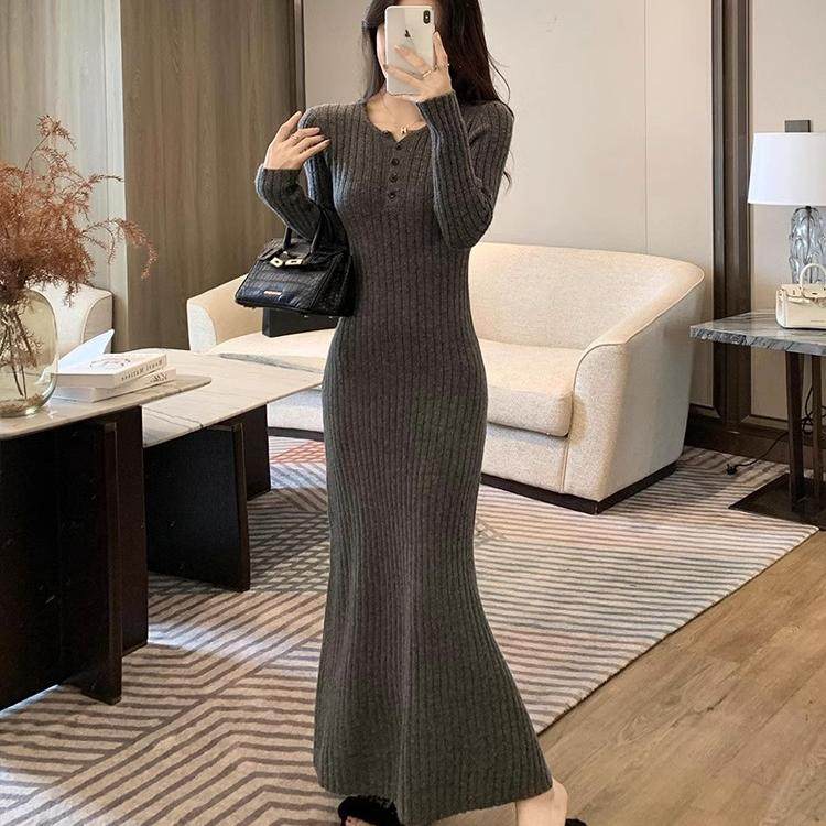 林妍儿针织连衣裙女秋冬修身显瘦气质毛衣内搭打底包臀鱼尾长裙子