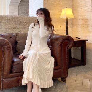 游小姿女装【轻寻觅秋】秋冬显瘦收腰复古打底裙纽扣针织连衣裙女