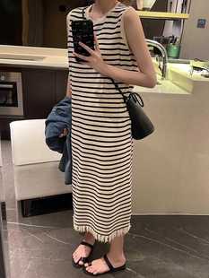 夏季新款韩版休闲条纹无袖针织连衣裙女遮肚子显瘦宽松流苏长裙女