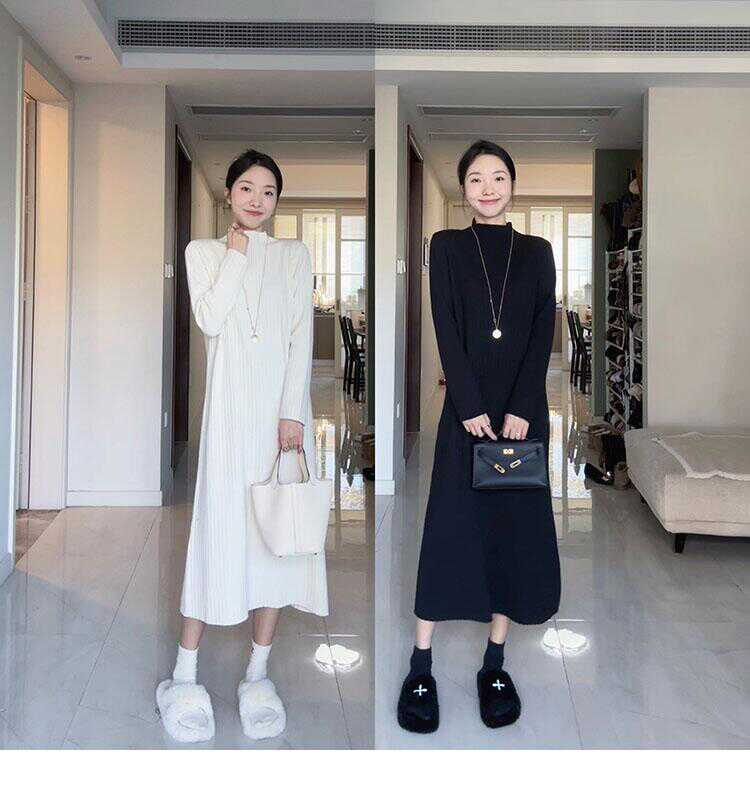 宽松直筒长裙子半高领毛衣打底