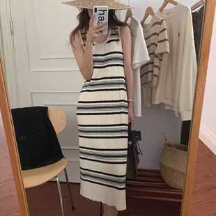 条纹无袖针织连衣裙子2024夏季新款背心裙小个子高级感显瘦长裙女