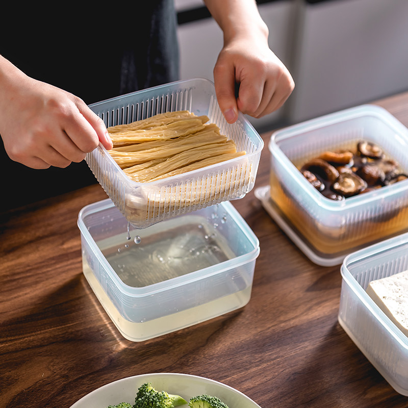 日本进口干货专用泡发盒冰箱蔬菜沥水收纳盒豆腐保鲜盒外带水果盒