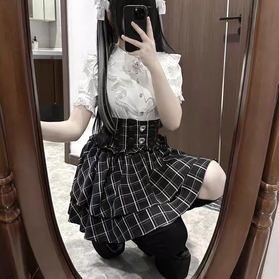 雷系半身裙日系百搭收腰双层短裙