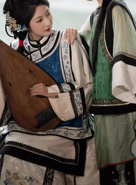 清汉女汉服印花古风氅衣民族服饰马面重工印染清代格格日常套装