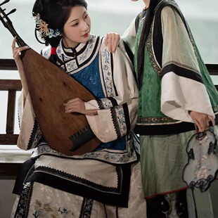 清汉女汉服印花古风氅衣民族服饰马面重工印染清代格格日常套装