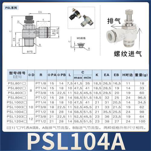 亚德客型气缸节流阀 调速阀 PSL4-M5A  4-01 6-01A 8-01 4-M3 M6