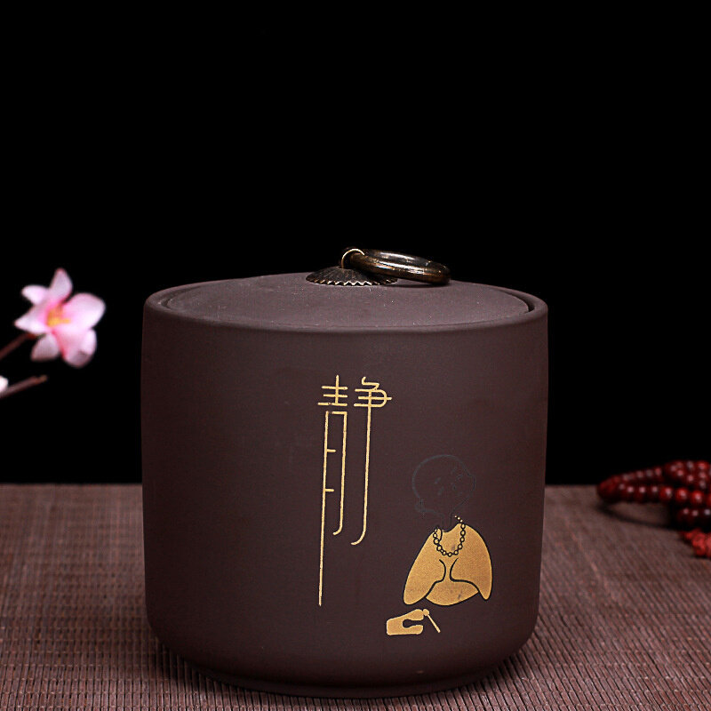紫砂茶叶罐陶瓷大号直筒存储罐普洱茶罐流苏罐密封罐功夫茶具摆件