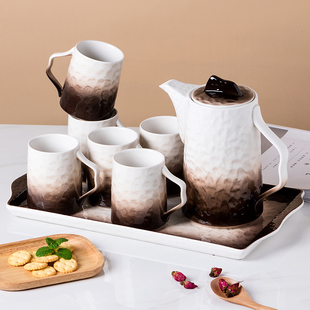 陶瓷杯家用客厅茶杯茶具耐高温凉冷水壶水具套装 石纹棕水杯套装