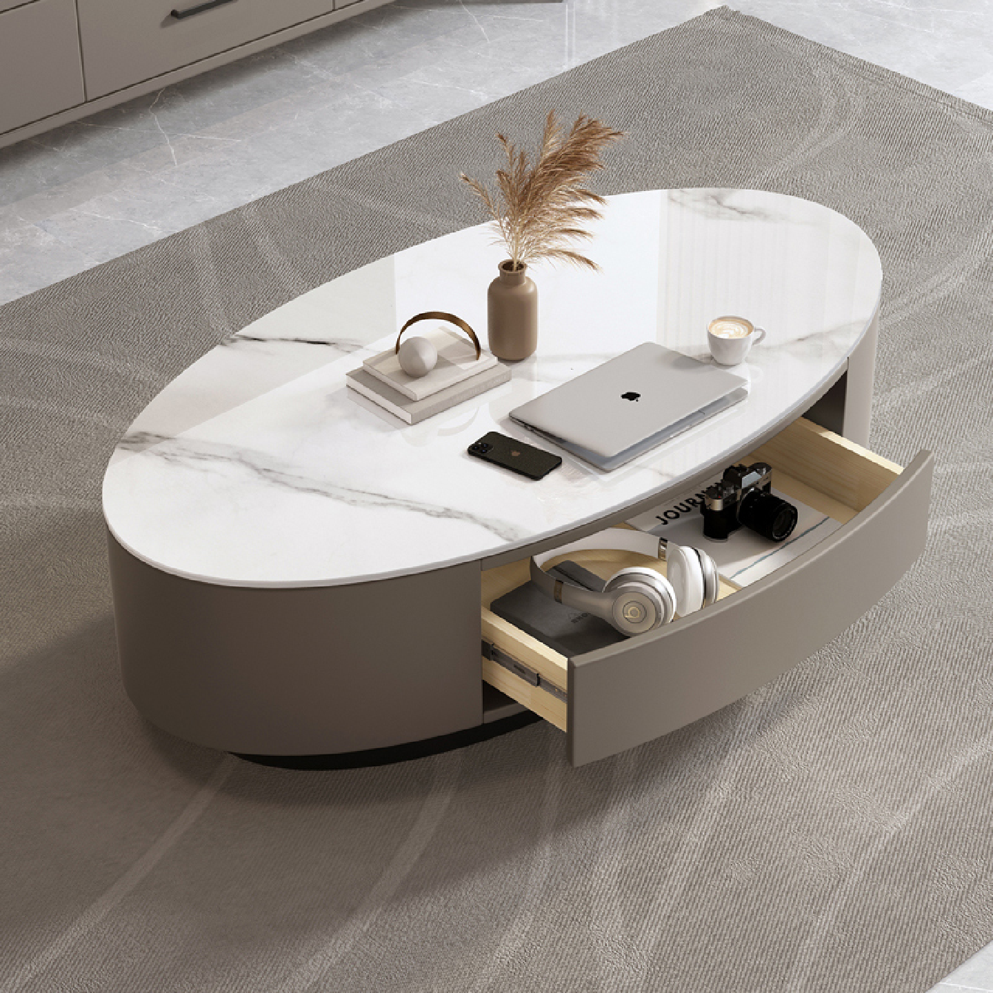 椭圆形岩板茶几电视柜客厅家用现代简约轻奢小户型组合极简茶桌子