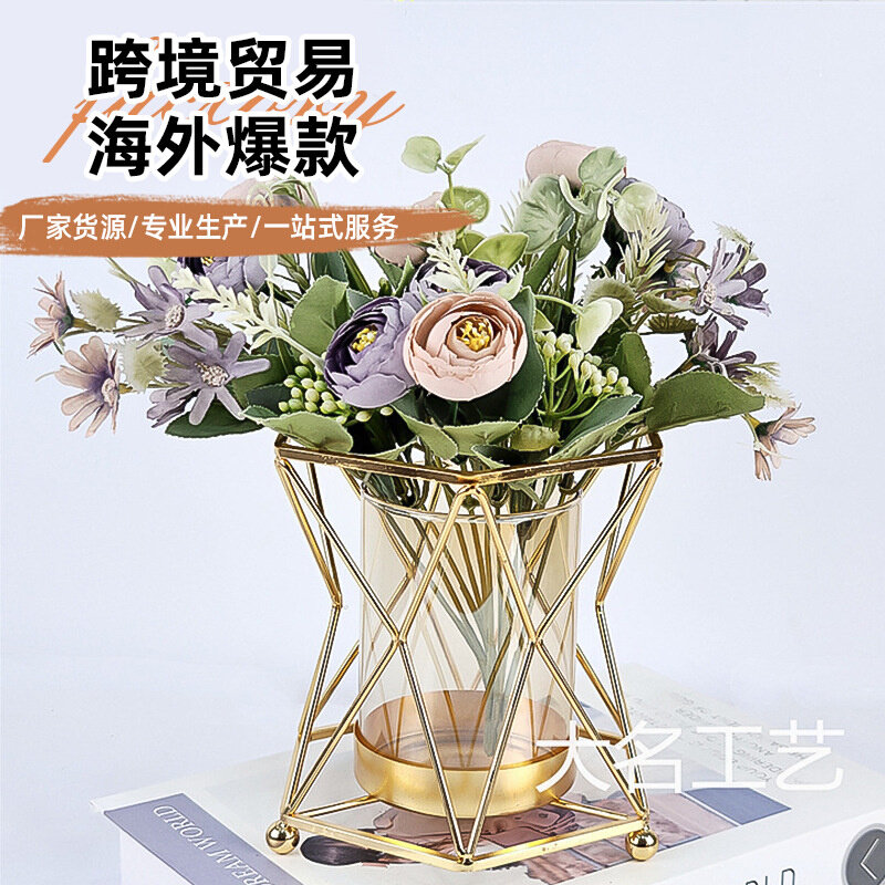 跨境铁艺玻璃花瓶插花摆件灯笼储水花瓶样板房间客厅餐桌软装饰品