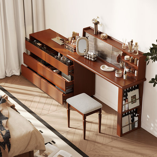 MeiJia木屿中古风梳妆台斗柜一体复古实木化妆台床边收纳柜床尾柜