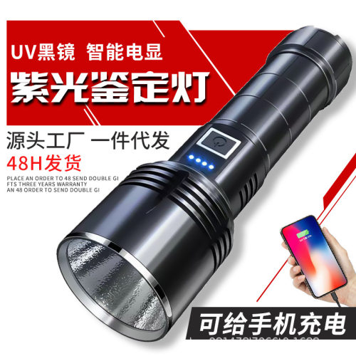 跨境黑镜uv手电筒365nm铝合金大功率钱币鉴定防伪紫光照猫藓手电