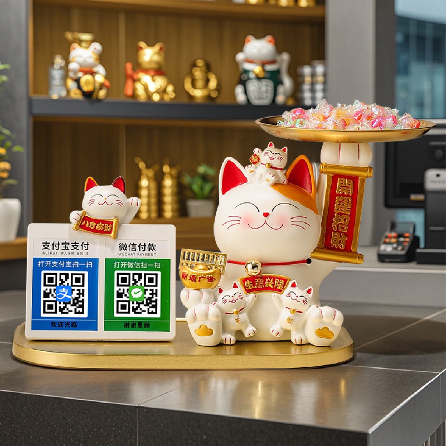 2024新款二维码招财猫摆件办公室收银前台开业大吉生意兴隆装饰品