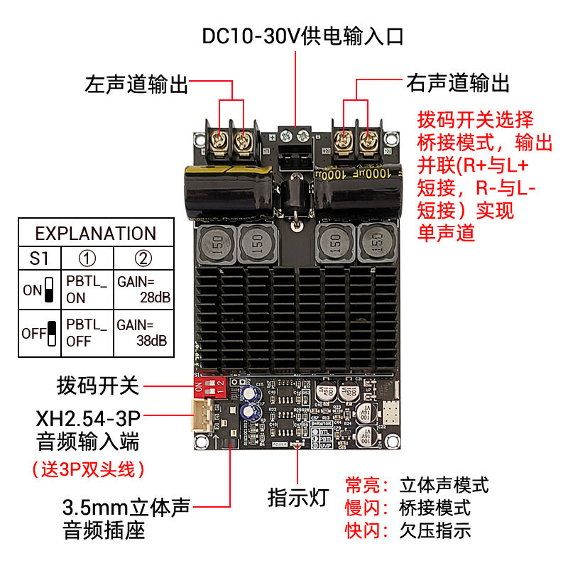 2001纯后级数字功放板大功率TPA3221立体声100WX2桥接单声道200W