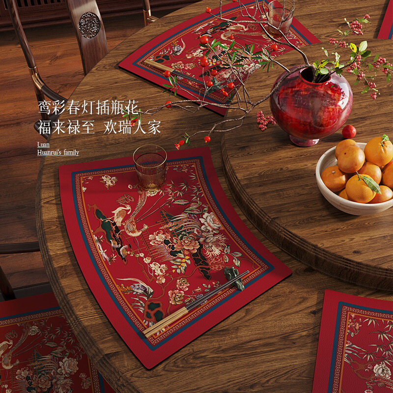 中式圆桌扇形餐垫红色喜庆皮革防水免洗隔热餐具垫新年氛围感桌垫