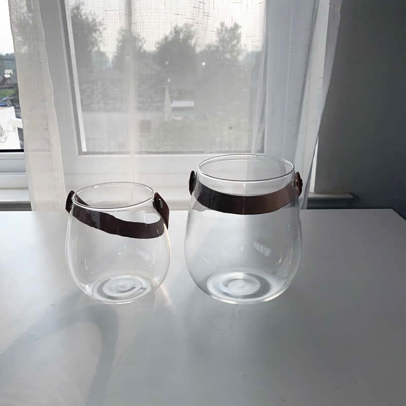 北欧创意皮革手提玻璃花瓶水培植物花器玻璃杯干花工艺创意家居