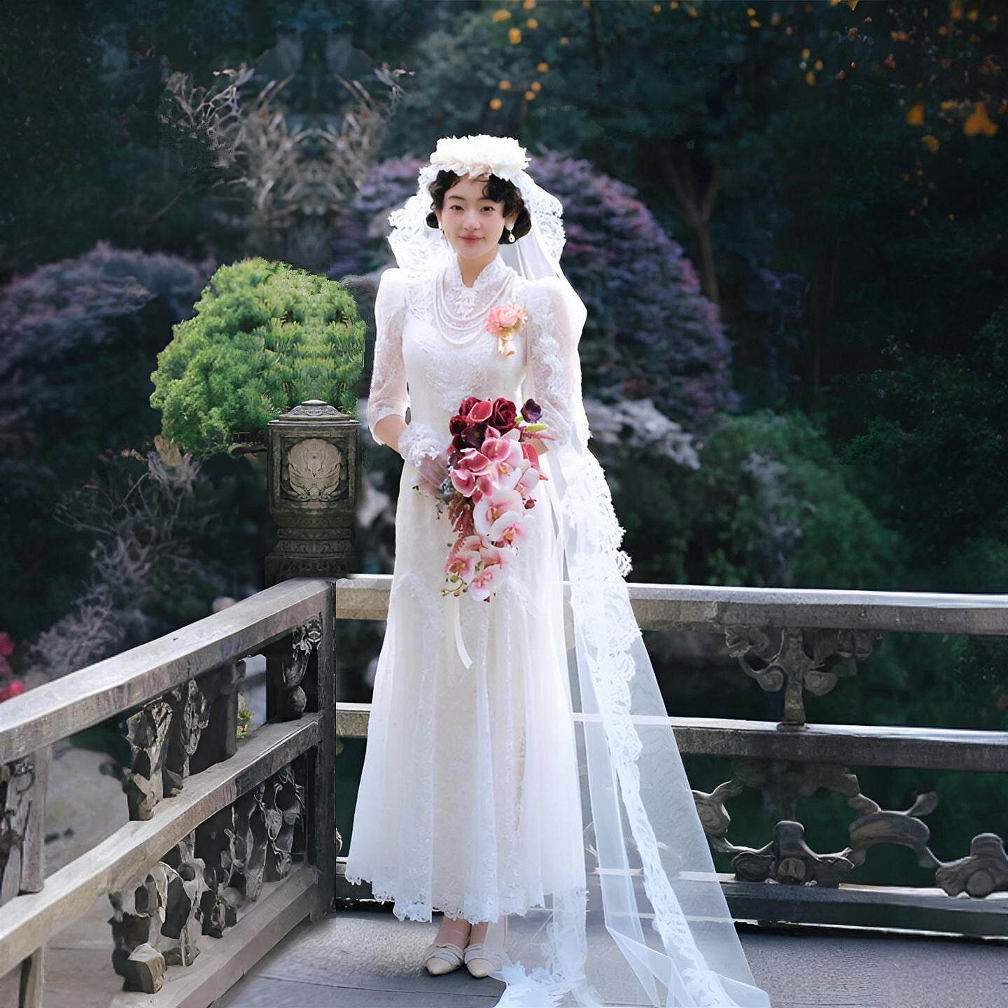 新中式复古园林风旅拍轻婚纱新娘小个子结婚出门纱法式敬酒礼服秋