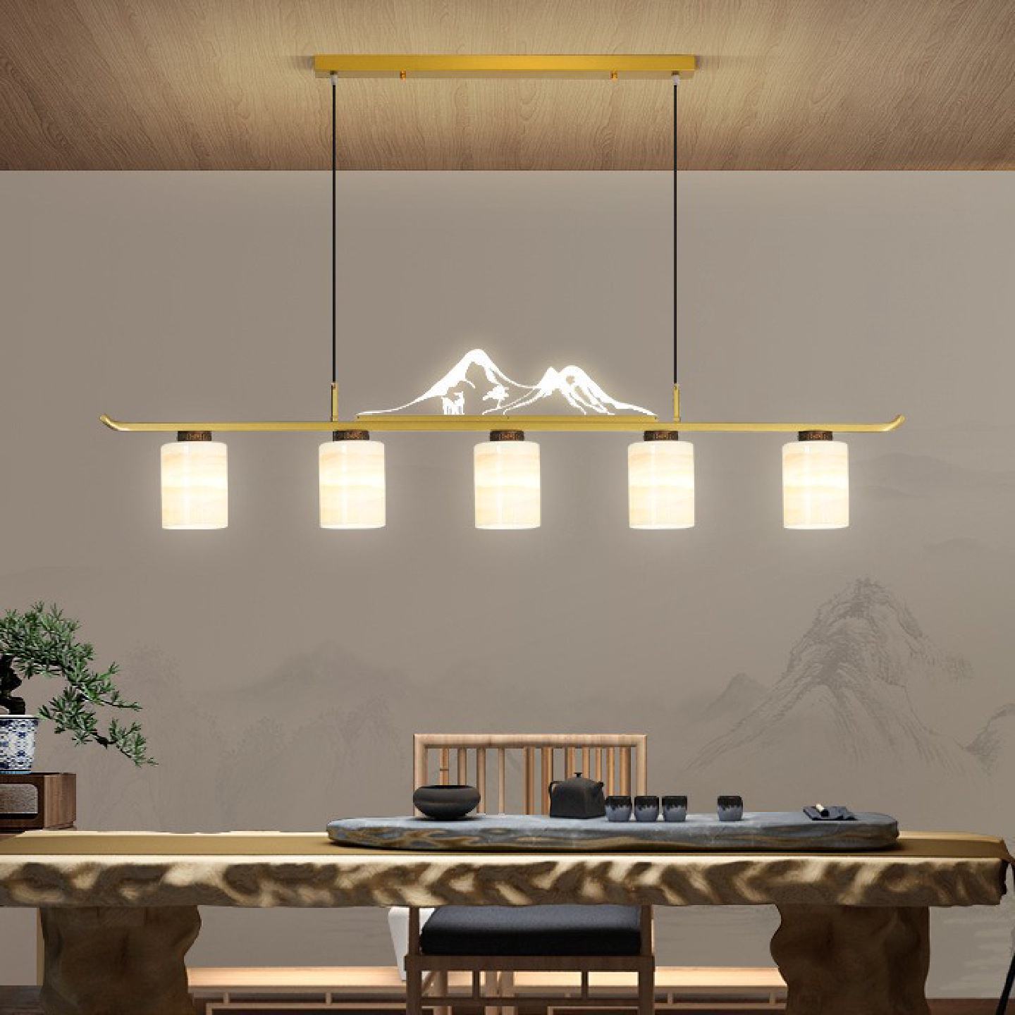 新中式吊灯茶室中国风书房禅意办公室前台吧台长条茶桌餐厅吊灯具
