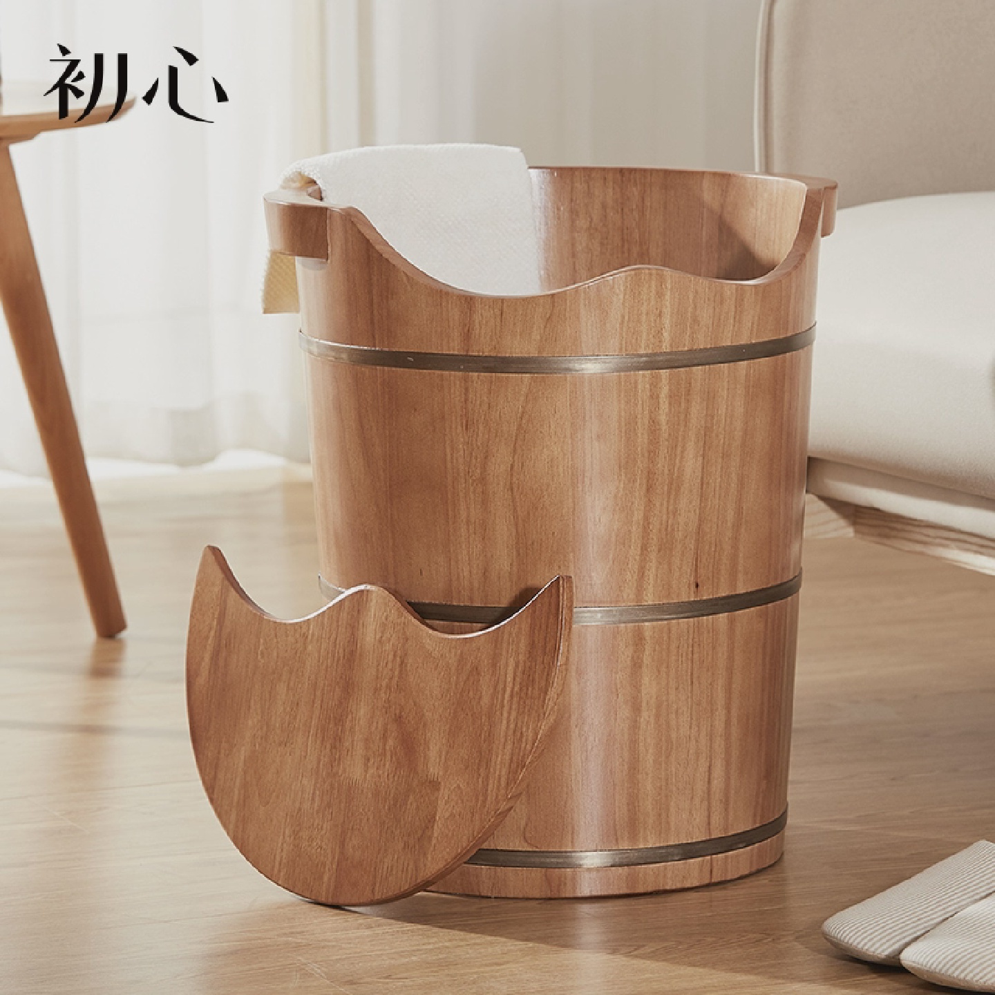 初心木质家用足浴桶50CM过小腿泡脚桶按摩高深实木带盖子木桶洗脚