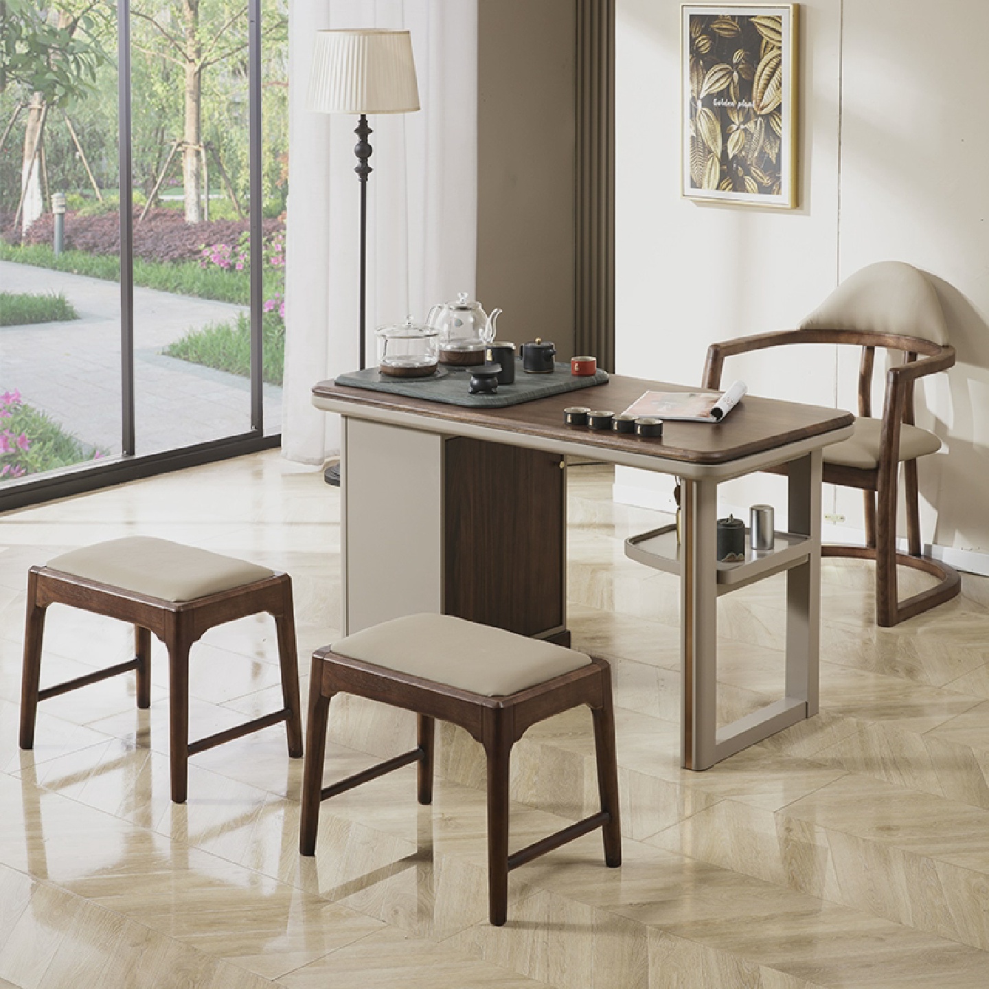 阳台茶几椅子组合办公泡茶两用实木台灯豪华家居客厅简约现代茶几