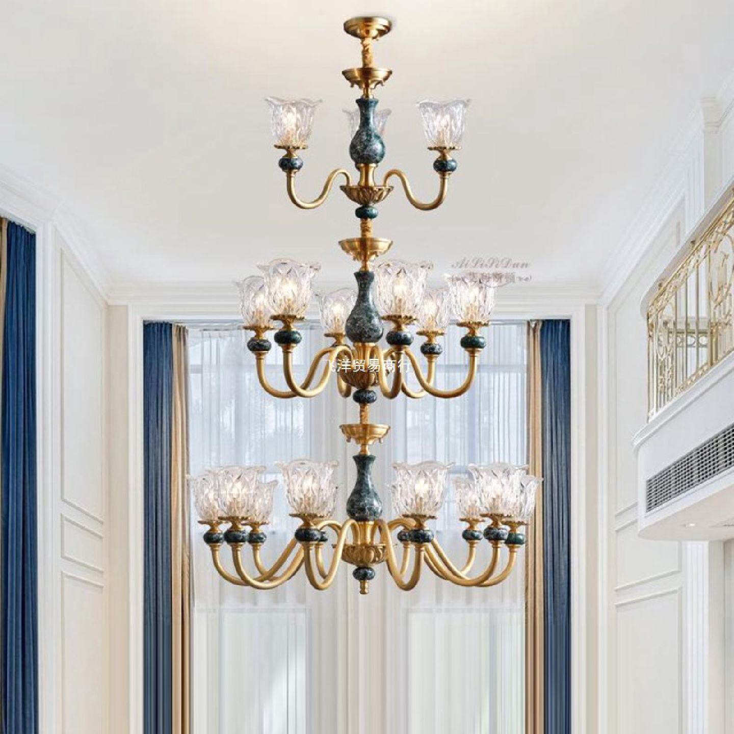 美式别墅吊灯复式楼客厅灯全铜三层中空复式公寓LOFT简欧式楼梯灯