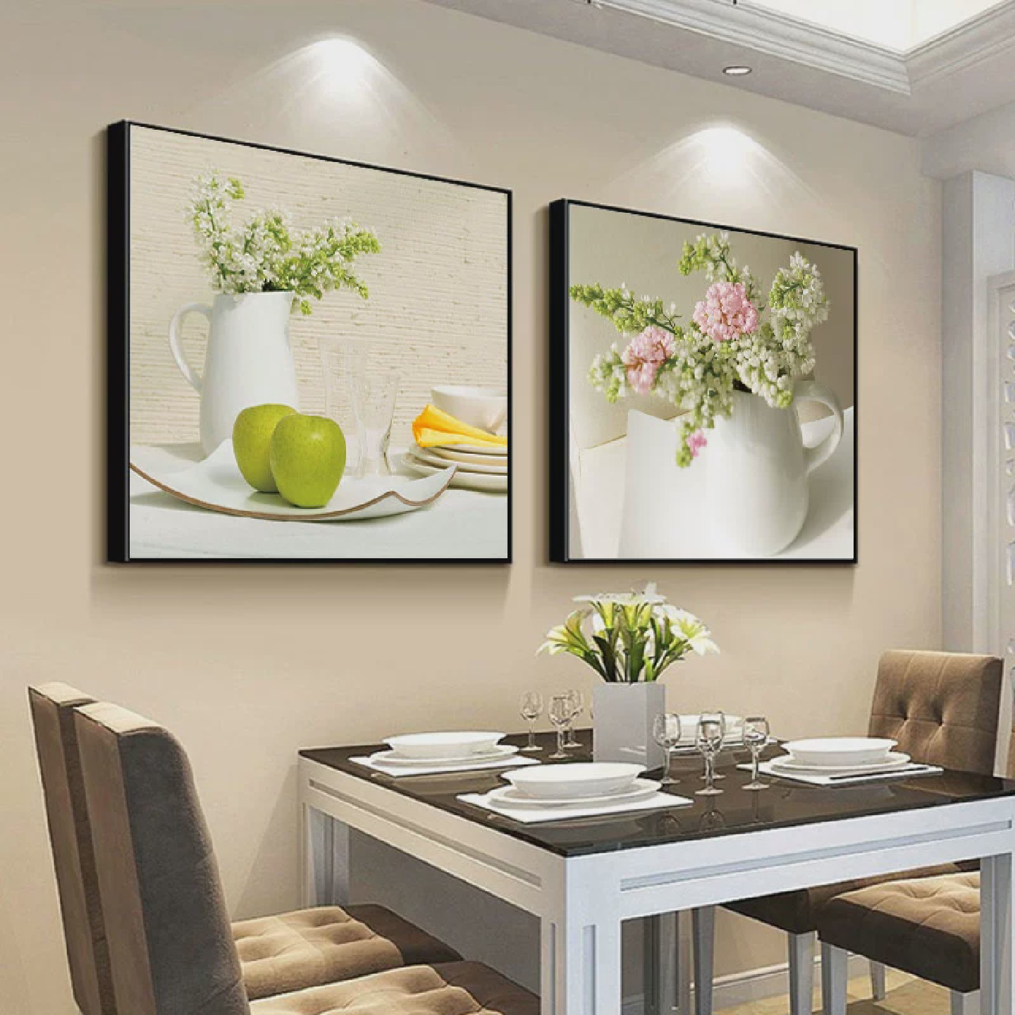 餐厅装饰画现代简约饭厅挂画壁画厨房餐桌墙画酒杯水果描边两联画图片