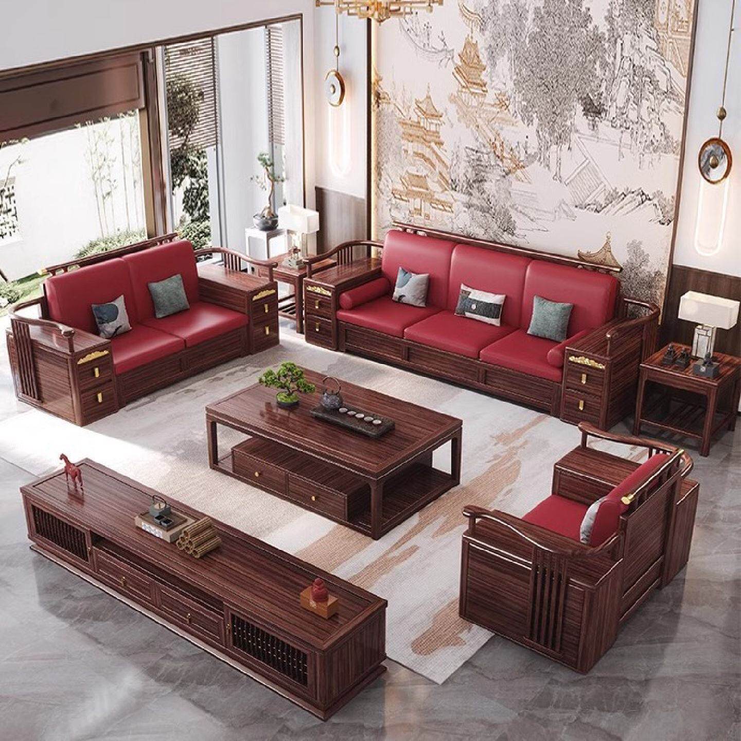 新中式乌金木实木沙发简约大小户型客厅组合轻奢高箱储物木质沙发