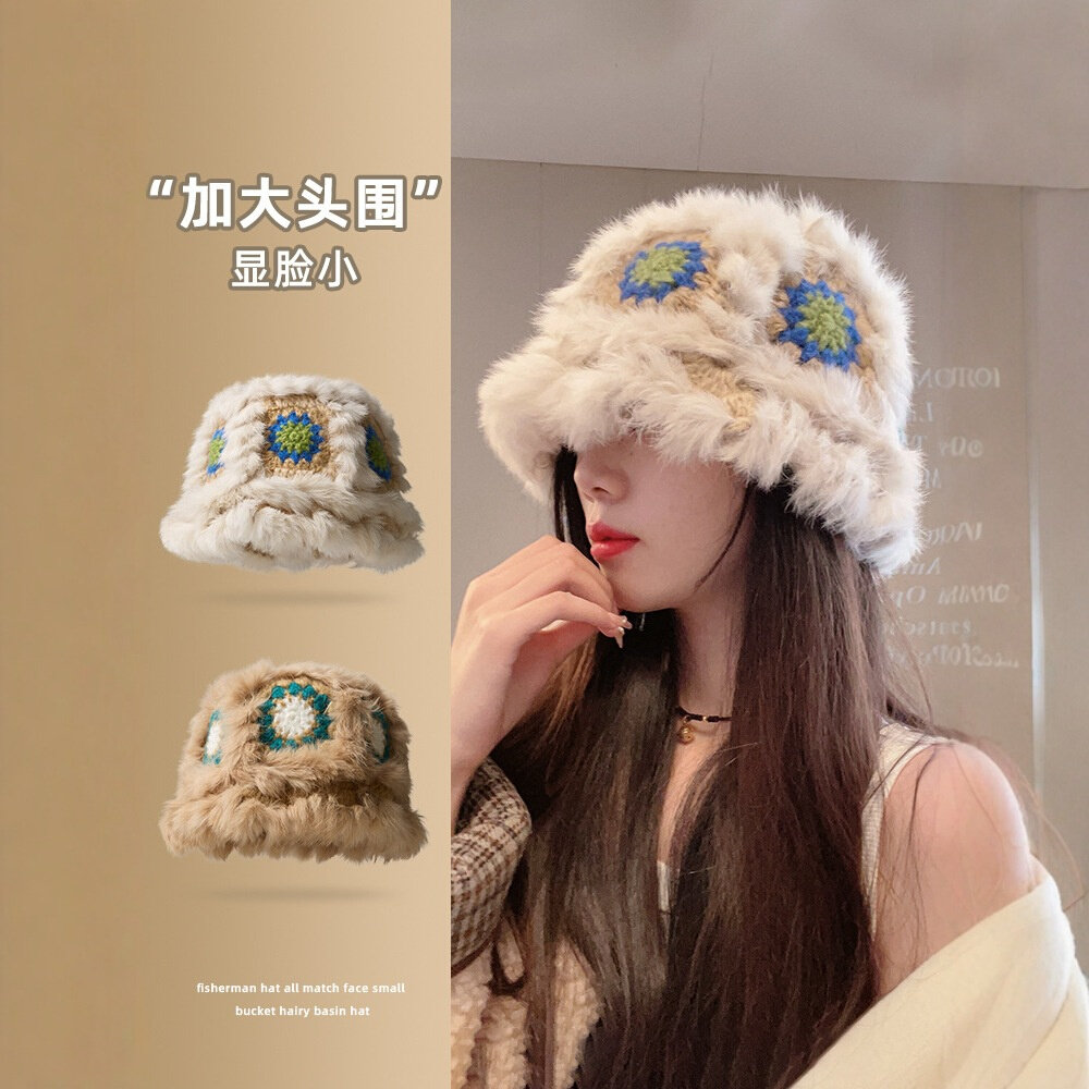 兔毛绒针织帽女秋冬可爱保暖毛茸茸虎头醒狮帽潮显脸小套头毛线帽