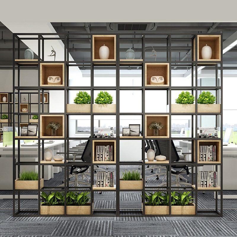 铁艺隔断置物架办公室实木书架子餐厅客厅收纳展示架柜金属书架