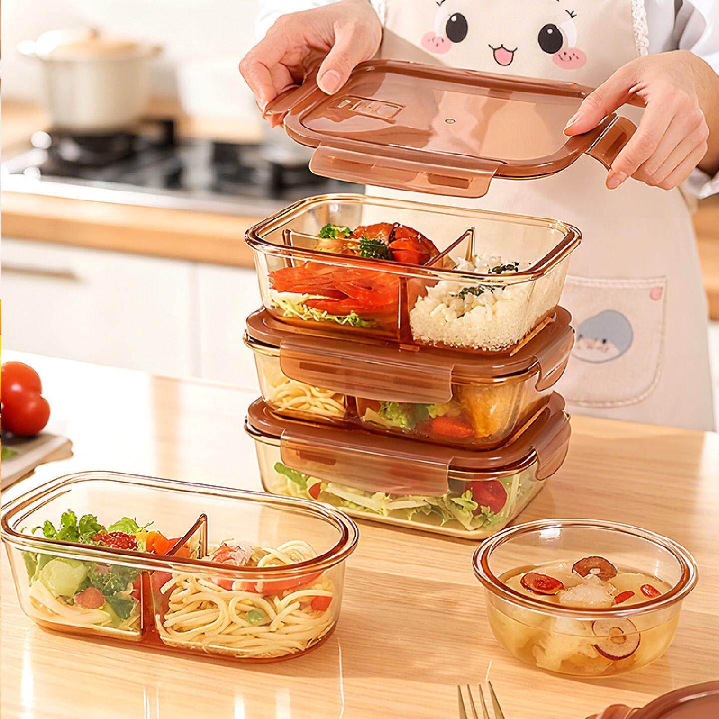 玻璃饭盒微波炉加热专用碗上班族带饭餐盒套装分隔型保温便当盒子