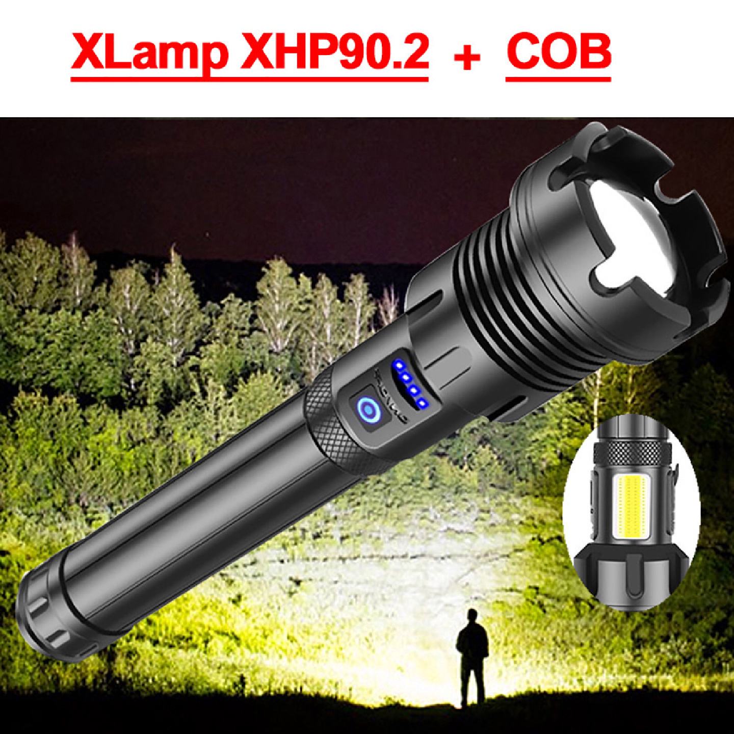 跨境热卖新款XHP160+COB红白光强光手电筒长款USB充电强光手电筒