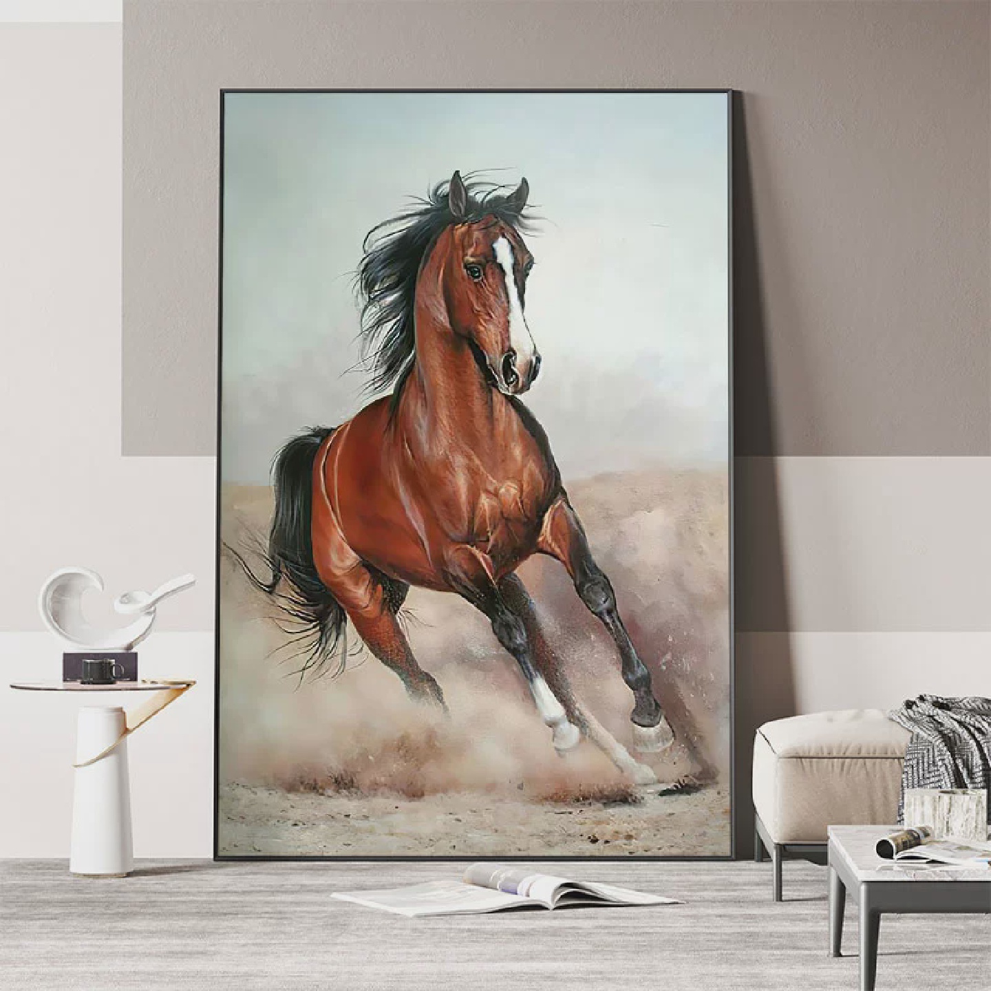 欧式高端挂画骏马图客厅轻奢装饰画现代简约玄关过道走廊大幅壁画