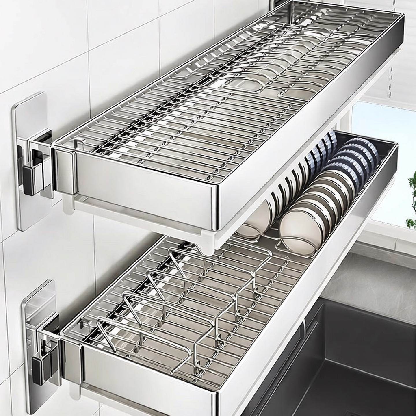 304不锈钢厨房置物架壁挂式碗碟收纳架水槽上墙碗盘子沥水架碗架