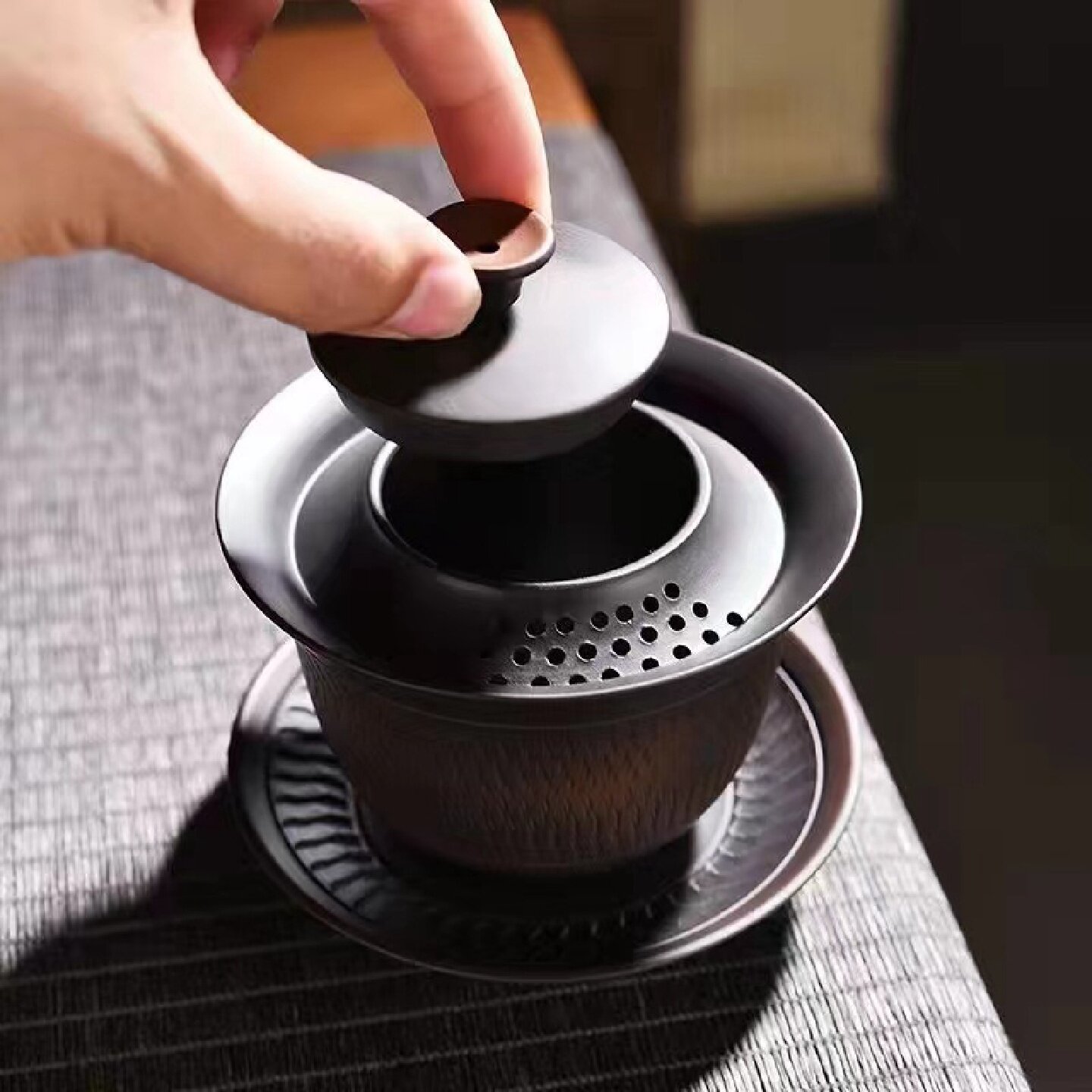 紫陶盖碗复古手工跳刀家用陶瓷三才盖碗功夫茶具茶碗茶杯泡茶器礼