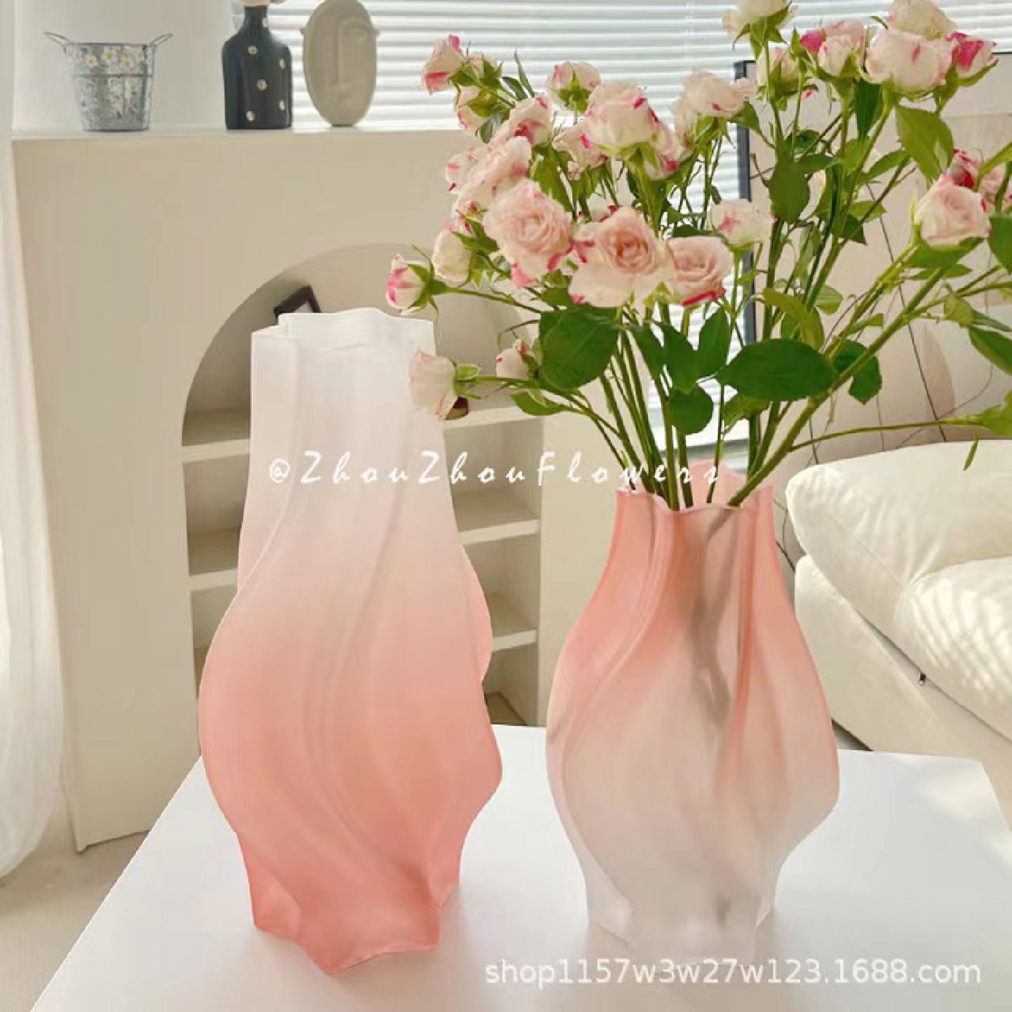 六角旋风磨砂大花瓶落地客厅装饰摆件鲜花插花器皿玻璃瓶现代简约