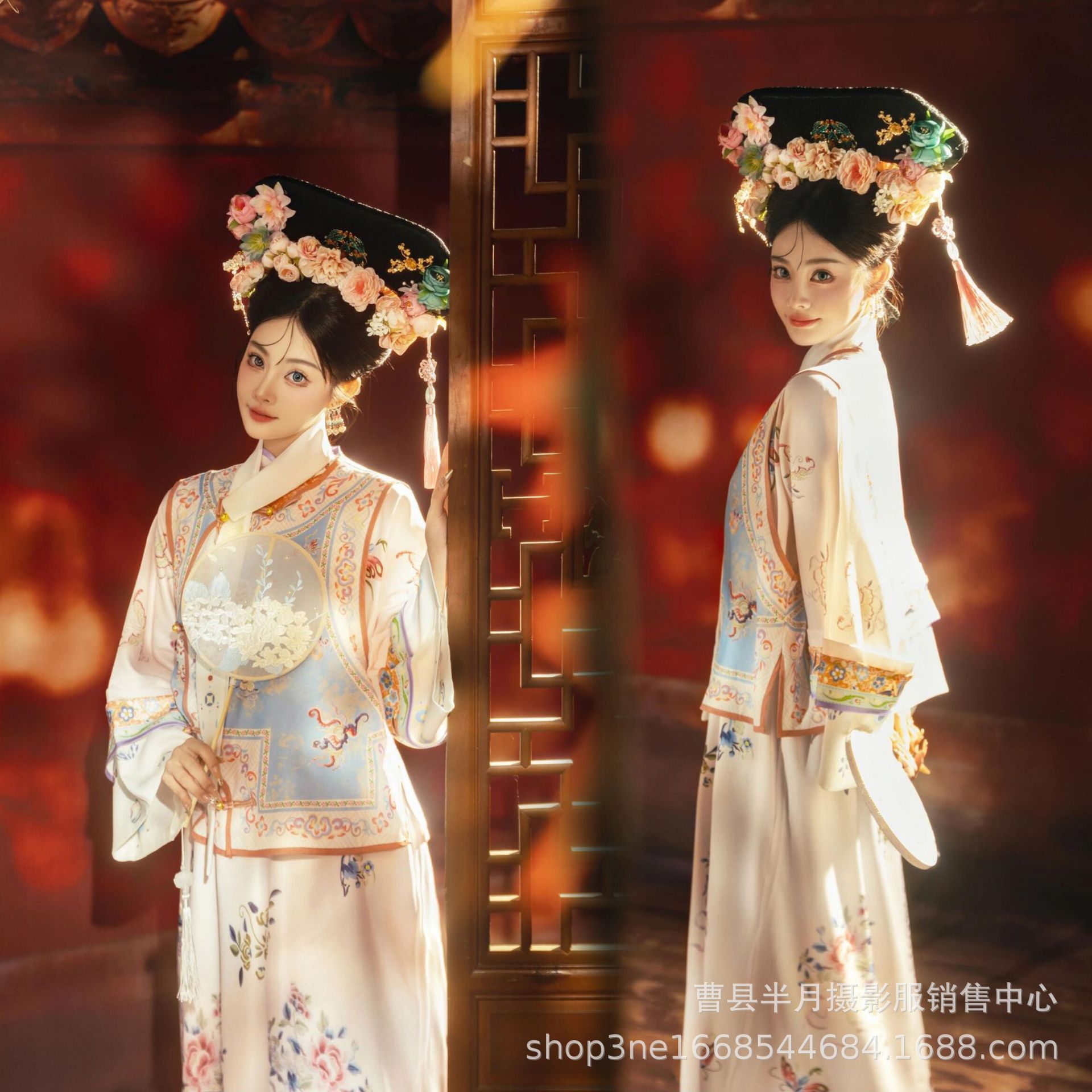 影楼新款汉服女清代印花古装清朝延吉公主旗袍宫廷格格服摄影写真