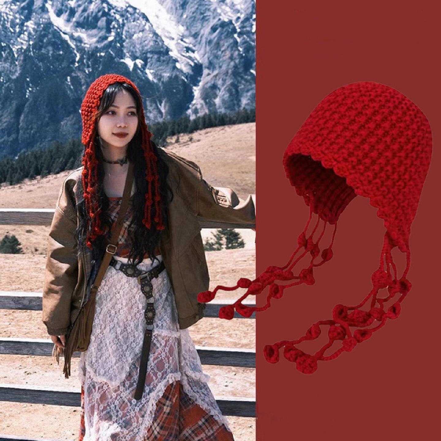 时尚手工编织流苏球球毛线帽子女保暖护耳绑带针织帽大头围套头帽