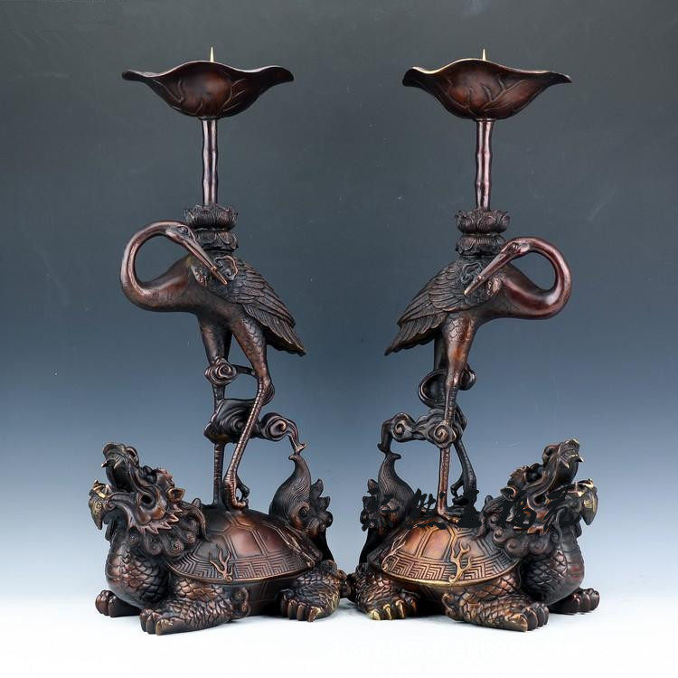 风水精工纯铜龟鹤烛台摆件黄铜龙龟蜡烛台供佛灯铜器工艺品