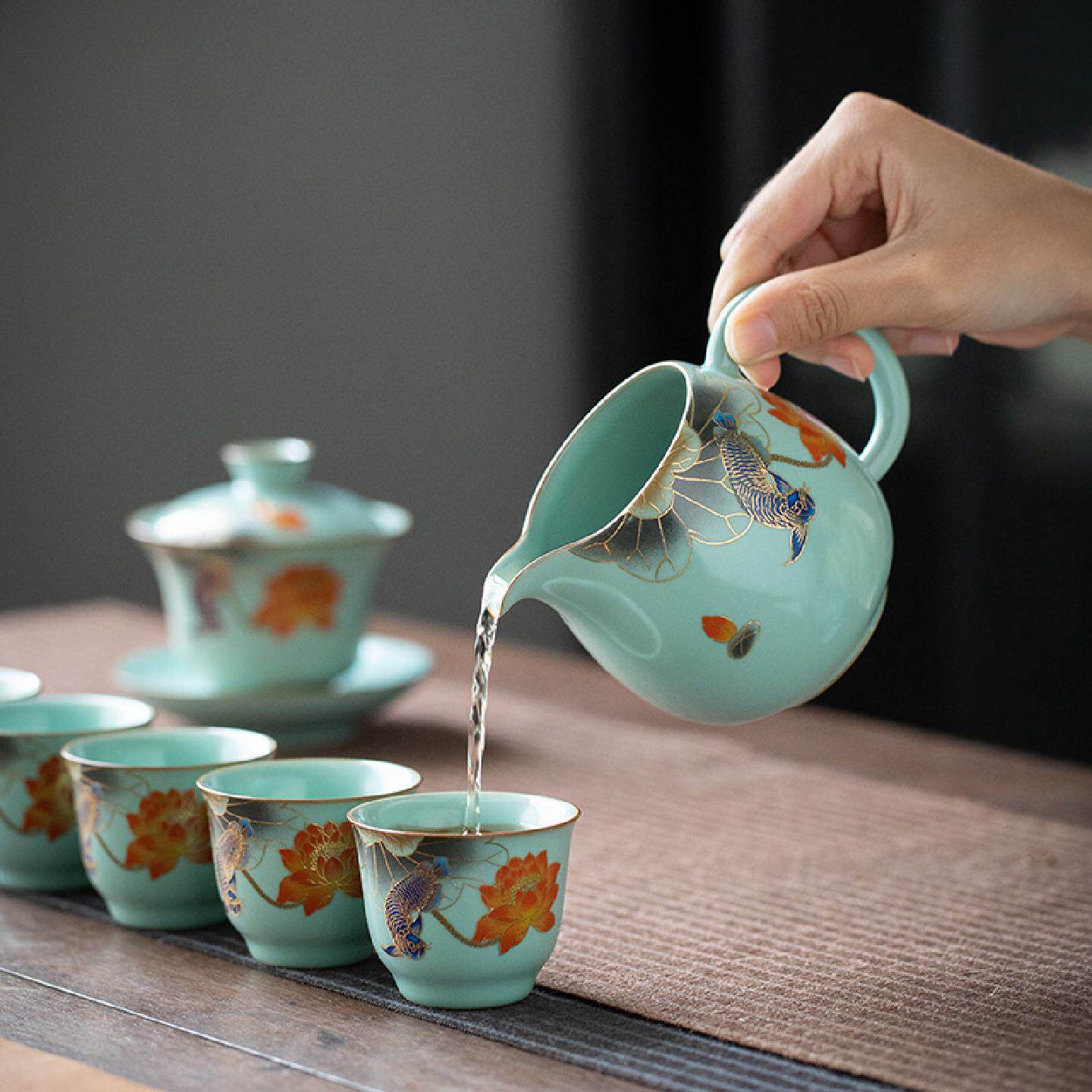茶壶盖碗套装2023年莲莲有鱼功夫茶具套装整套家用盖碗茶杯办公室