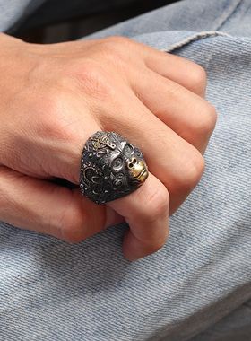金鹿王 S925银复古工艺 男款泰银六耳猿猴吊坠 银刻花纹金刚戒指