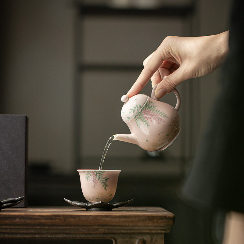 明知山志苍烟红手绘紫藤花茶壶文人陶瓷泡茶壶球孔过滤秋水壶