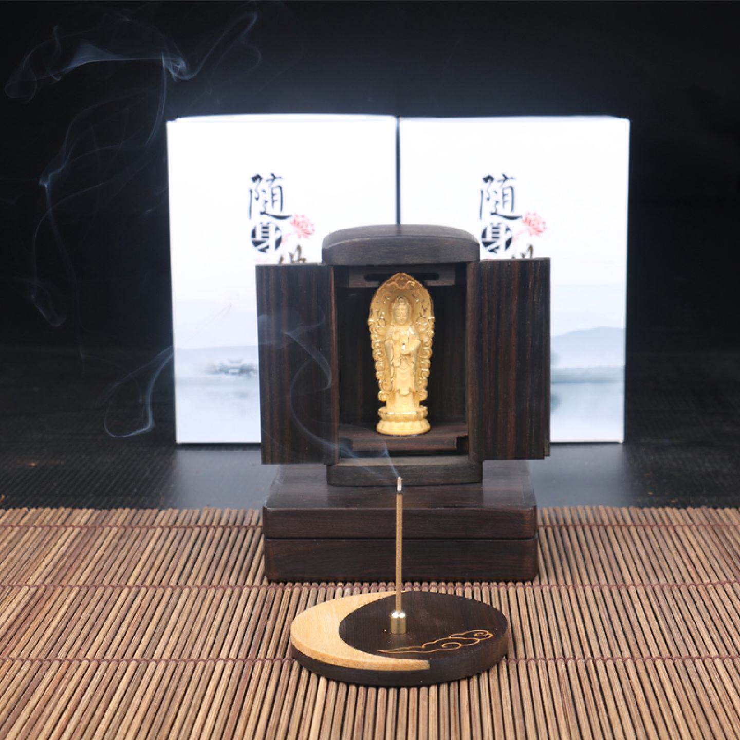 檀木佛盒绒沙金佛像带门供台神堂小佛堂随身佛牌迷你佛龛天然实木
